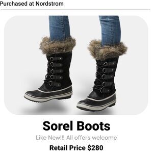 Sorel "Joan Of Arctic" Black/Cream Waterproof Snow Boots Faux Fur Like NEW, sz 6
